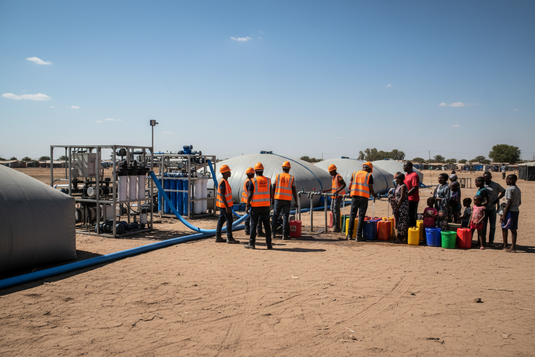 Humanitarian WASH operation with water storage bladder tanks and purification units, workers distributing clean water to community members with jerry cans