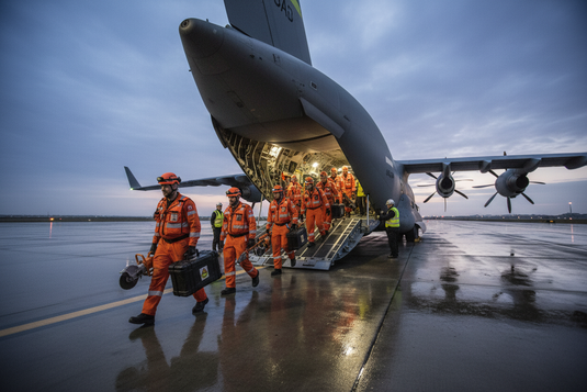 Search and rescue team in orange suits boarding transport aircraft for international disaster response deployment