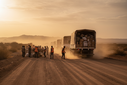 Humanitarian logistics convoy of trucks loaded with aid supplies driving on a dusty road, workers unloading boxes at a remote distribution point