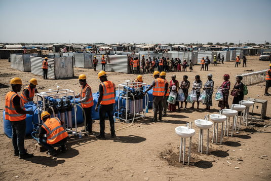 Humanitarian WASH team installing water purification units and distributing hygiene kits at a displacement camp with water bladder tanks and hand-washing stations