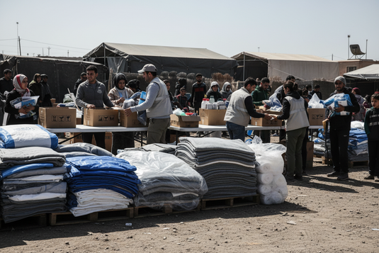 Humanitarian workers distributing emergency shelter kits and non-food item packages to displaced families with stacks of tarpaulins, blankets and household supplies at a distribution site