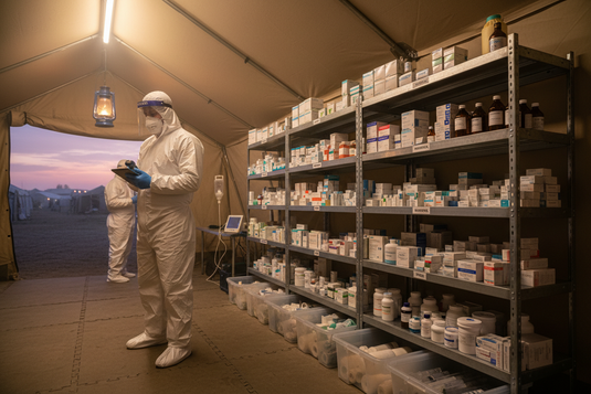 Field medical tent with organized pharmaceutical supplies and medical worker reviewing inventory in humanitarian setting