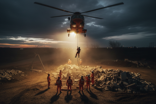 Rescue team in orange suits conducting helicopter aerial evacuation with winch