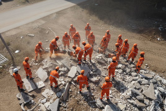 USAR team in orange suits working on collapsed building rubble