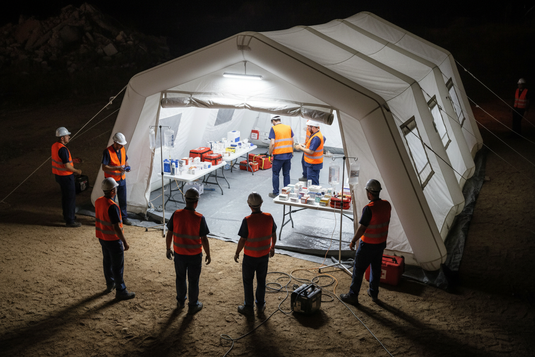 Humanitarian medical team setting up a field hospital tent with emergency medical supplies, trauma kits, IV drips and medicine boxes organized on folding tables