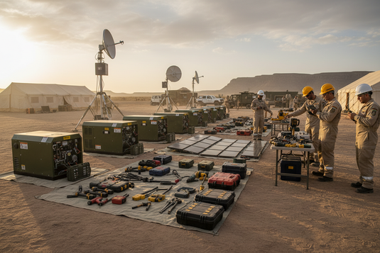 Specialized technical field equipment including generators, communication systems and solar panels staged at humanitarian operations base with logistics team inspecting