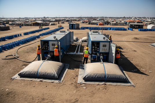 Emergency water purification units and storage bladder tanks deployed at humanitarian camp with workers operating equipment