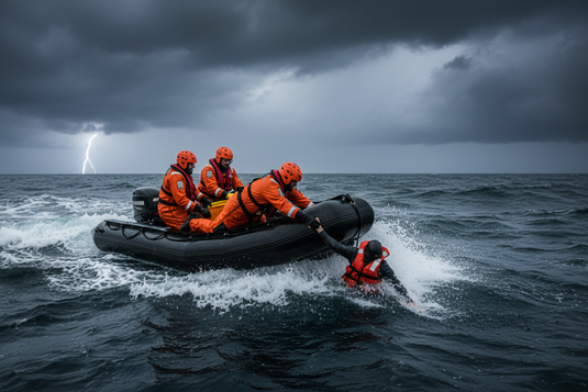 Rescue team in orange suits conducting maritime water rescue from inflatable boat on rough sea