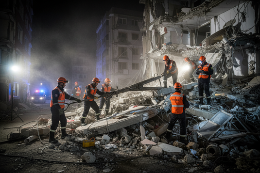 Search and rescue team in orange helmets working through rubble of a collapsed urban building using hydraulic rescue tools