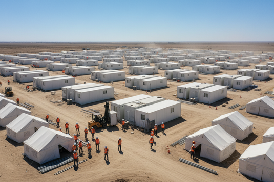 Rows of white emergency relief tents and prefabricated shelter units in a large humanitarian camp with workers assembling structures