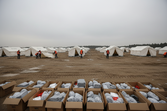 Humanitarian workers erecting emergency shelter tents in a displacement camp with stacked NFI supply boxes including blankets and household kits