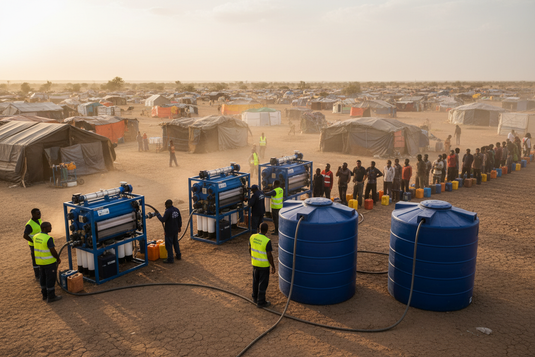 Humanitarian workers installing water purification units and distributing clean water at a refugee camp with blue water tanks in arid landscape
