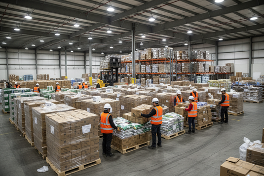 Pallets of emergency food ration boxes in humanitarian warehouse with workers organizing supplies