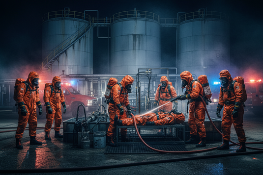 Rescue team in orange hazmat suits conducting hazardous materials rescue at industrial facility with decontamination station