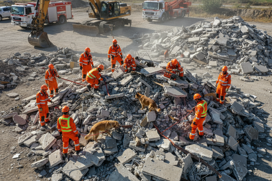 Rescue team in orange suits working at structural collapse site with technical equipment and search dogs