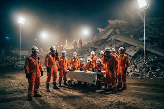 Rescue commanders in orange suits at disaster site command post coordinating teams at night