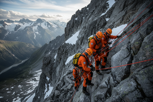 Rescue team in orange suits performing alpine rescue on steep mountain face
