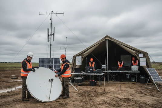 Humanitarian communications team setting up satellite dish and radio equipment at a field operations base with laptops and communication gear inside a tent