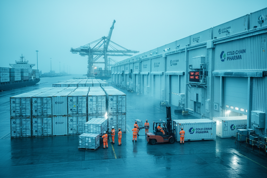 Refrigerated shipping containers and cold chain logistics facility with workers managing temperature-controlled pharmaceutical cargo at industrial port