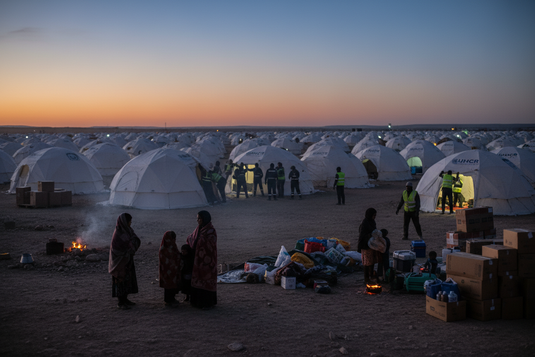 Humanitarian workers erecting emergency shelter tents in a large displacement camp at dusk with rows of white tents and household kits being distributed